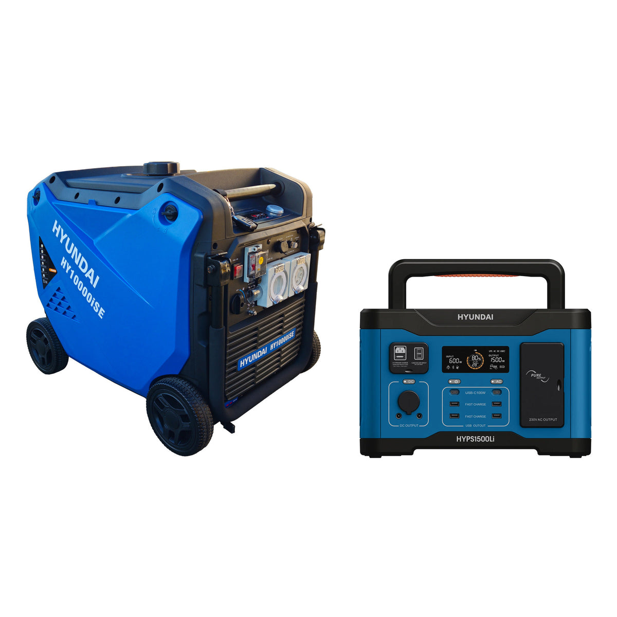 Hyundai HY10000iSE 12.5kVA petrol inverter generator and HYPS1500 portable power station bundle